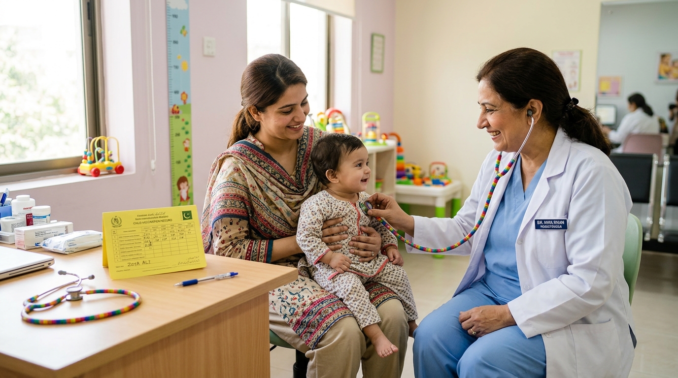 Pakistani Pediatrician Vaccinating Infant Clinic